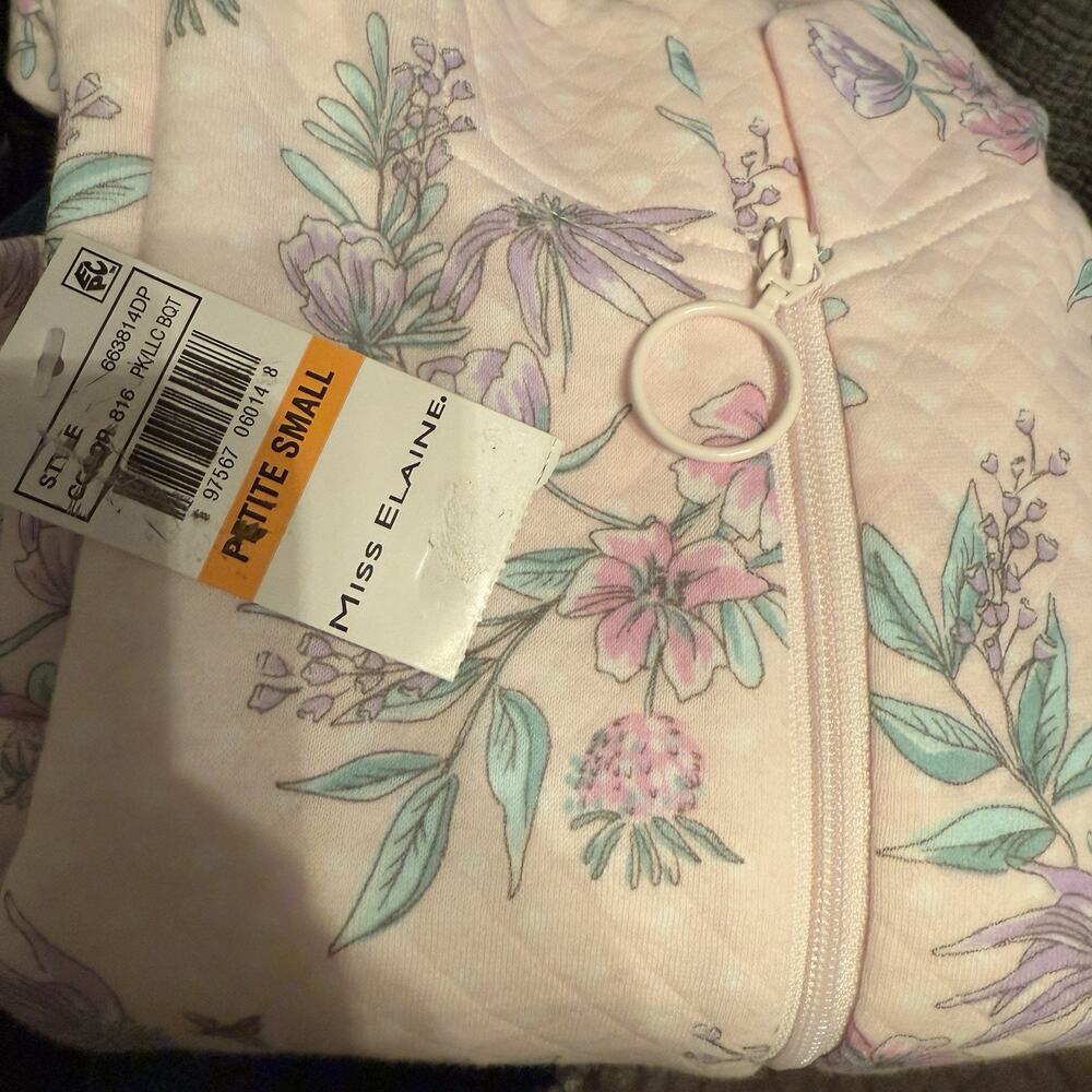 Miss Elaine Quilted Floral Print Long Zipper Robe Pink Lilac Petite Small - Picture 6 of 6